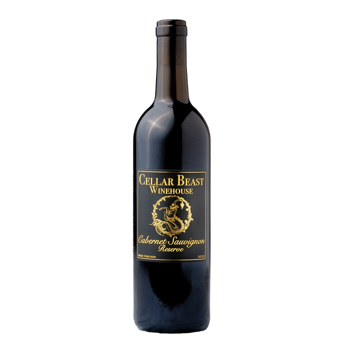 Bottle of Cellar Beast 2022 Cabernet Sauvignon Reserve showcasing front label with gold foil design.