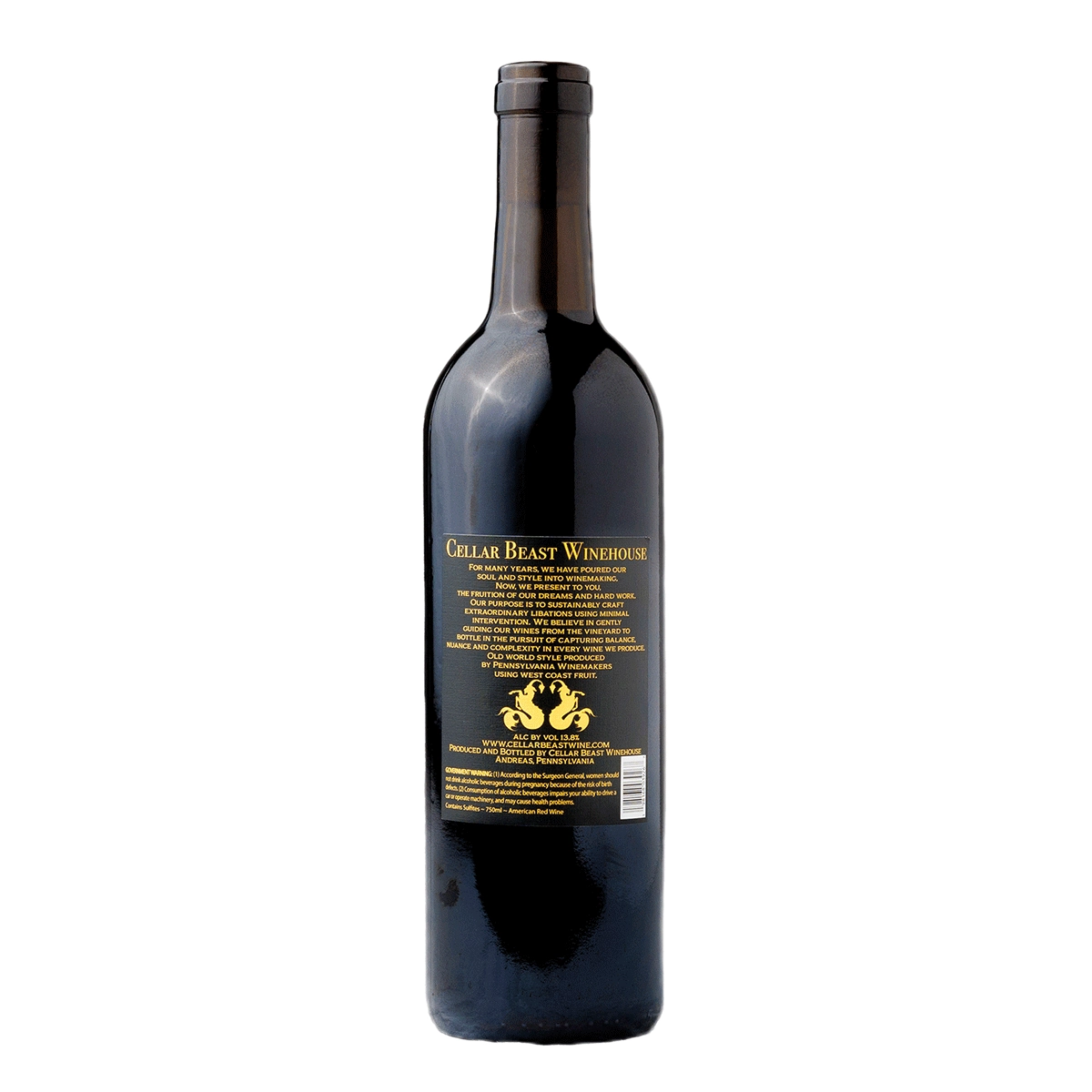 Back label of Cellar Beast 2022 Cabernet Sauvignon Reserve detailing wine information and vintage.