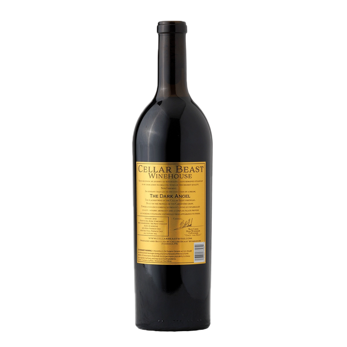 Label of 2021 Dark Angel Carménère and Petit Verdot Blend