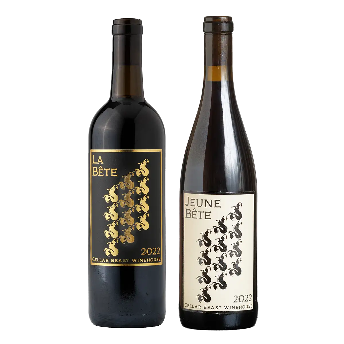 Two Cellar Beast Winehouse bottles — 2024 Jeune Bête and 2022 La Bête — side by side, showcasing the Beast Bundle red blends.