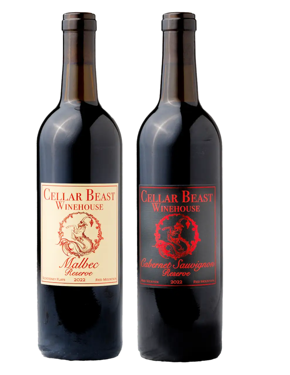 Cellar Beast Winehouse Red Mountain Reserves Bundle featuring 2022 Cabernet Sauvignon Reserve and 2023 Malbec Reserve — premium Washington red wines, perfect holiday gift set.