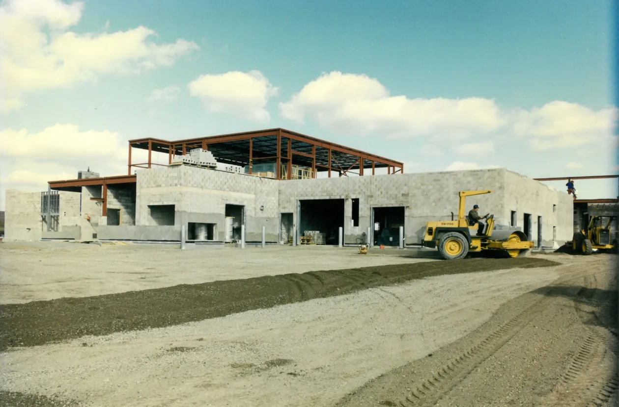 Construction site with an unfinished building made of concrete blocks and steel framework, with workers operating a yellow road roller and other machinery on a dirt ground.