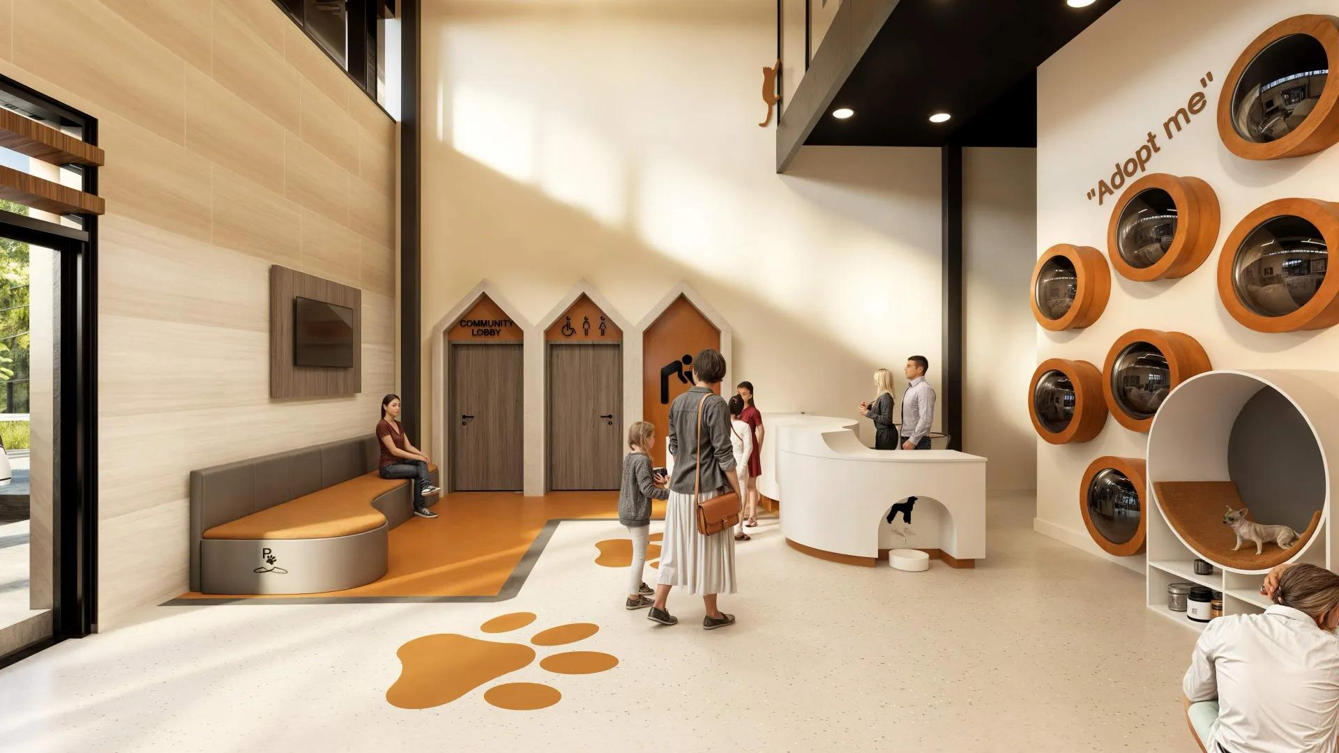 Modern animal adoption center lobby with a reception desk, wall-mounted pet pods, and people interacting inside.