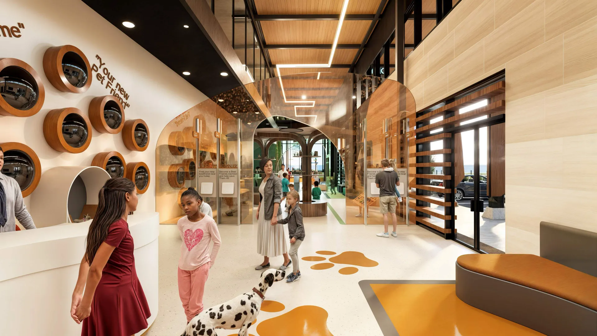 Modern pet adoption center lobby with dog paw prints on floor, people interacting, and wooden pod-like enclosures on wall.