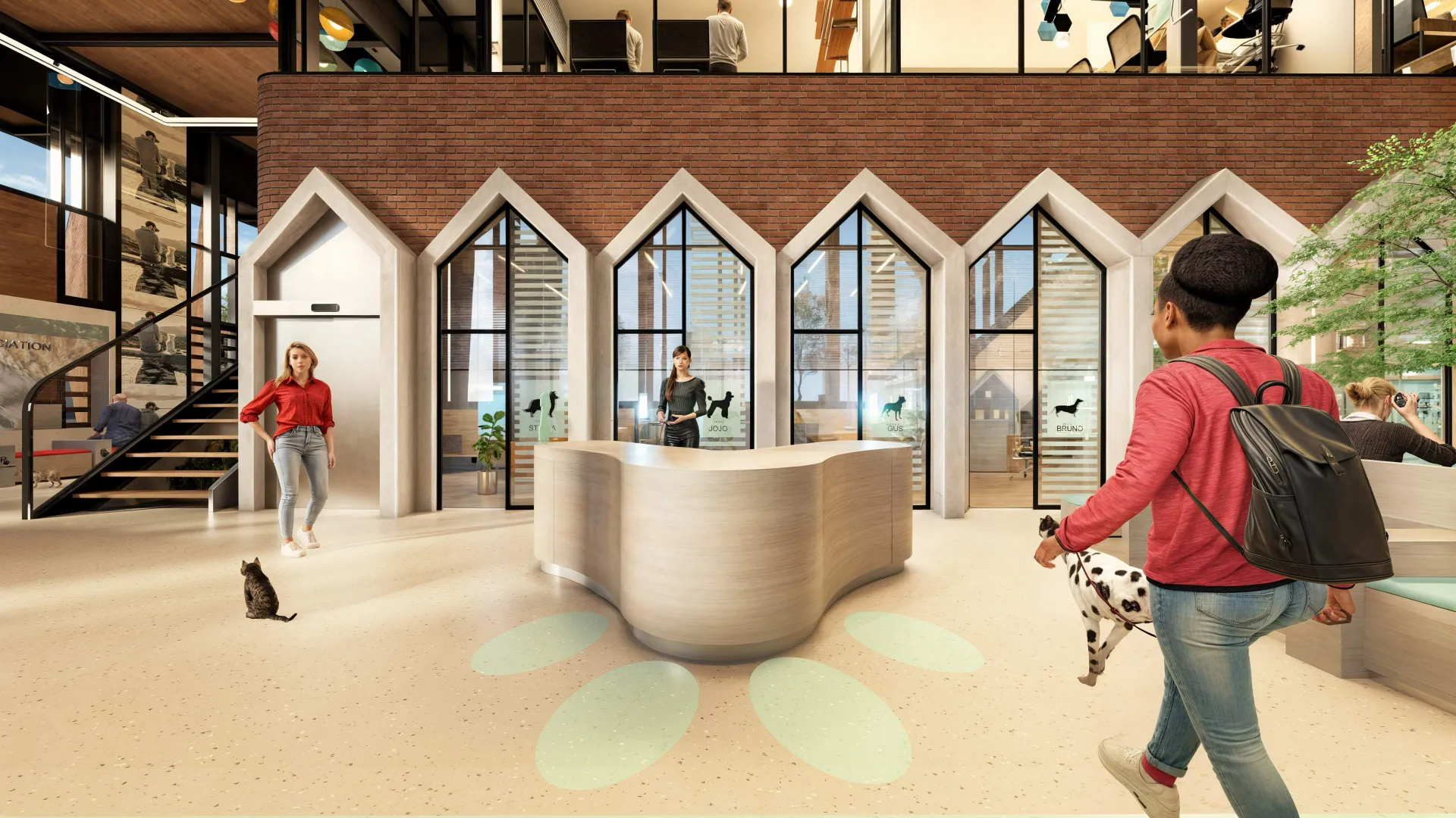 Modern vet clinic lobby with people, a Dalmatian dog on a leash, a cat sitting on the floor, and geometric window designs.