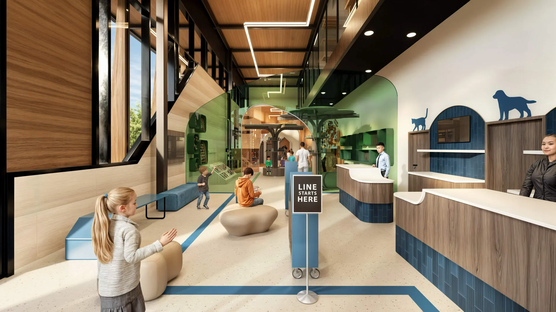 Modern indoor animal adoption center with children, a sign saying 'LINE STARTS HERE,' and counters decorated with dog and cat silhouettes.