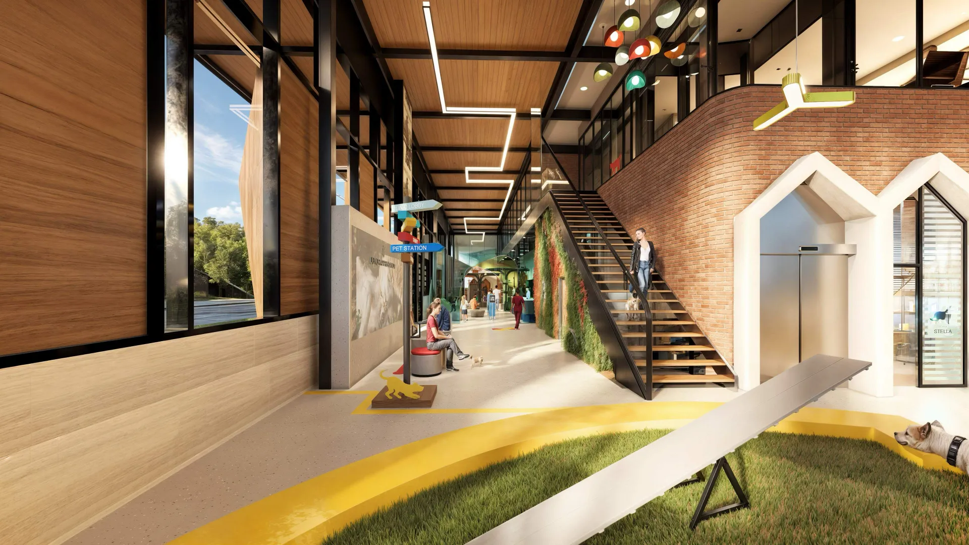 Modern indoor pet park with a seesaw, grass area, people, and stairs with a dog and a woman walking down.