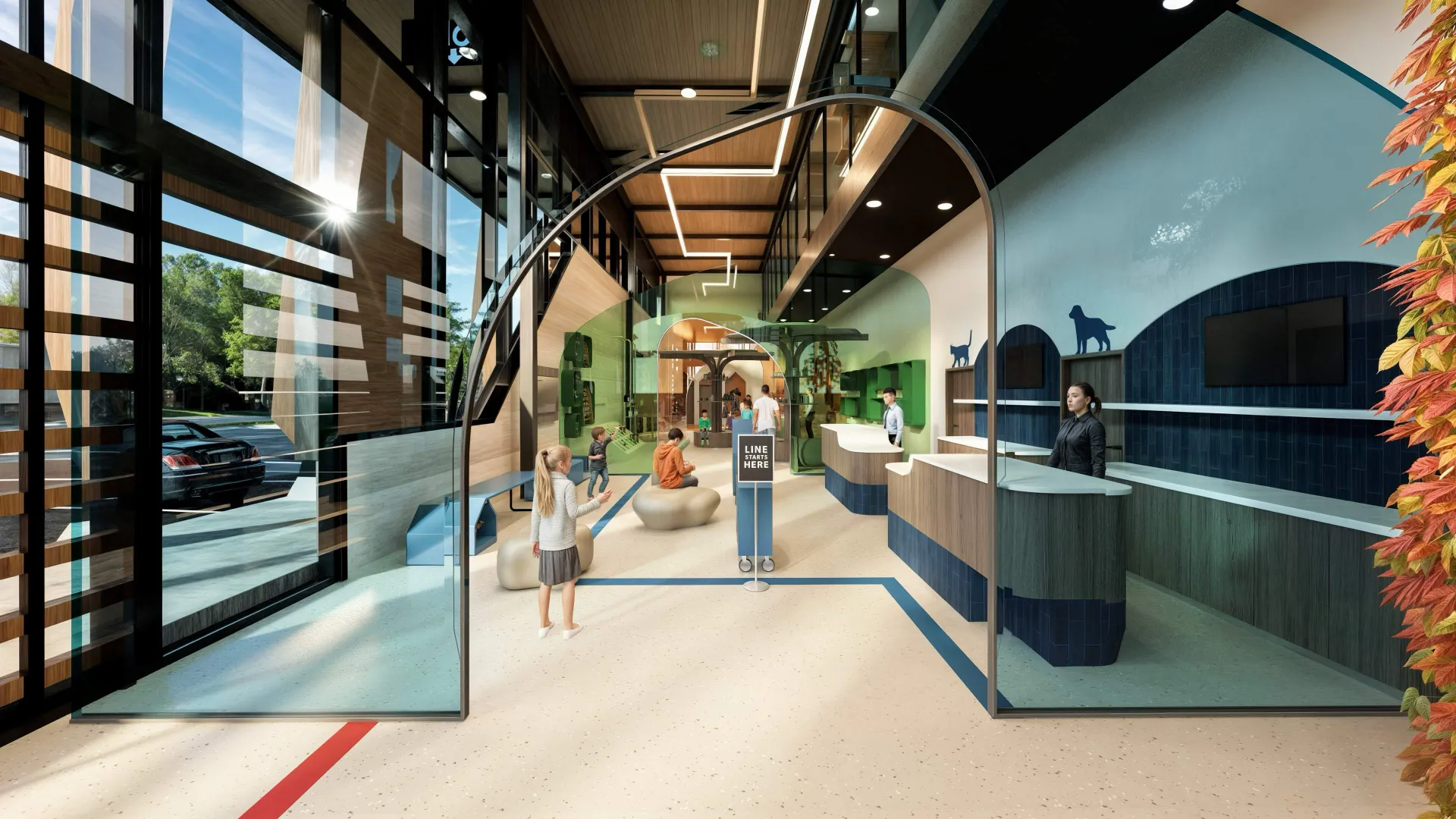 Modern indoor waiting area with glass entrance, reception desks, children sitting and walking, blue and green decor, and outdoor greenery visible.