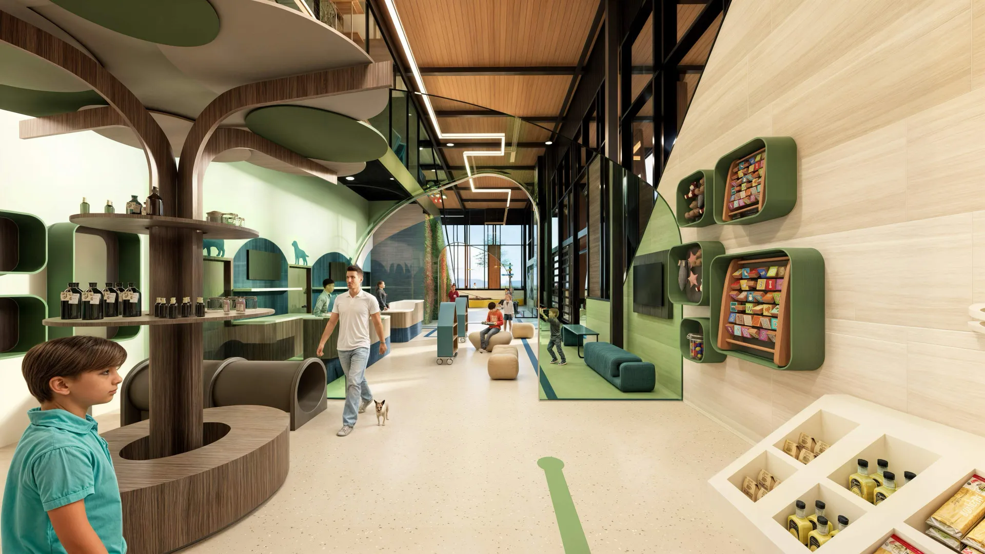 Modern indoor pet-friendly space with children, a man walking with a small dog, pet toys on the wall, and seating areas.
