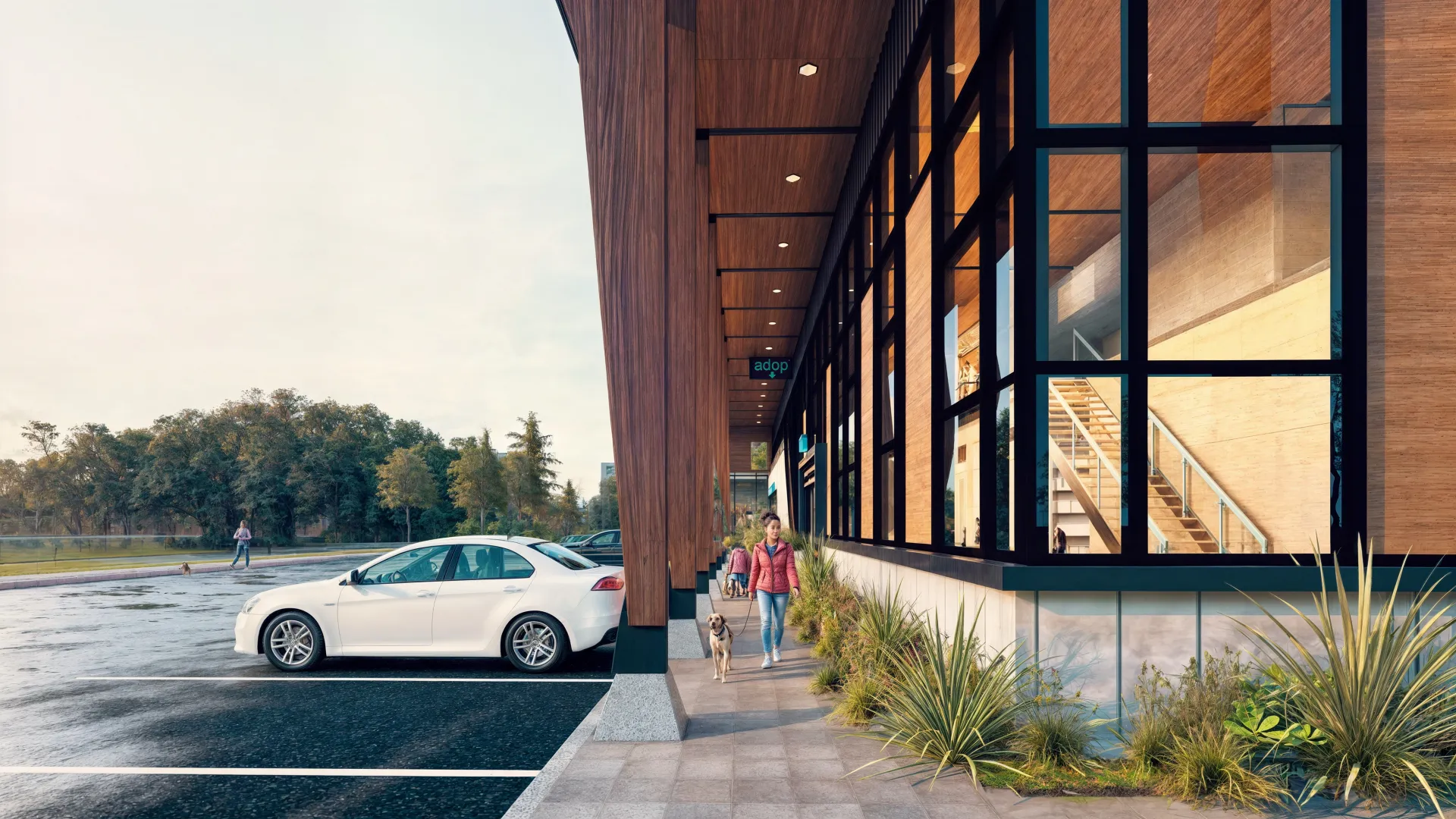 Woman walking a dog on a sidewalk beside a modern building with large windows and wooden panels, next to a parking lot with a white car.