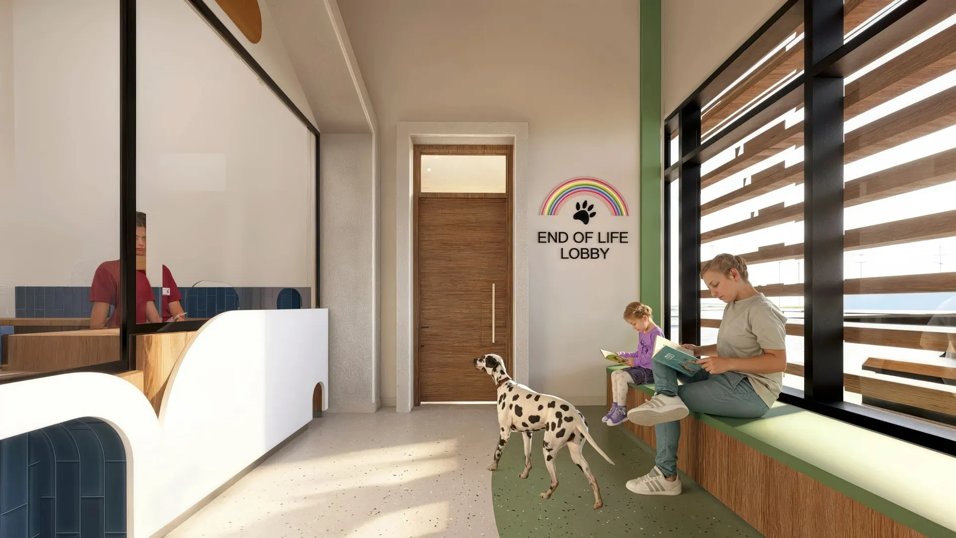 Waiting area inside an end-of-life lobby with a Dalmatian standing and two people sitting on a bench reading books.
