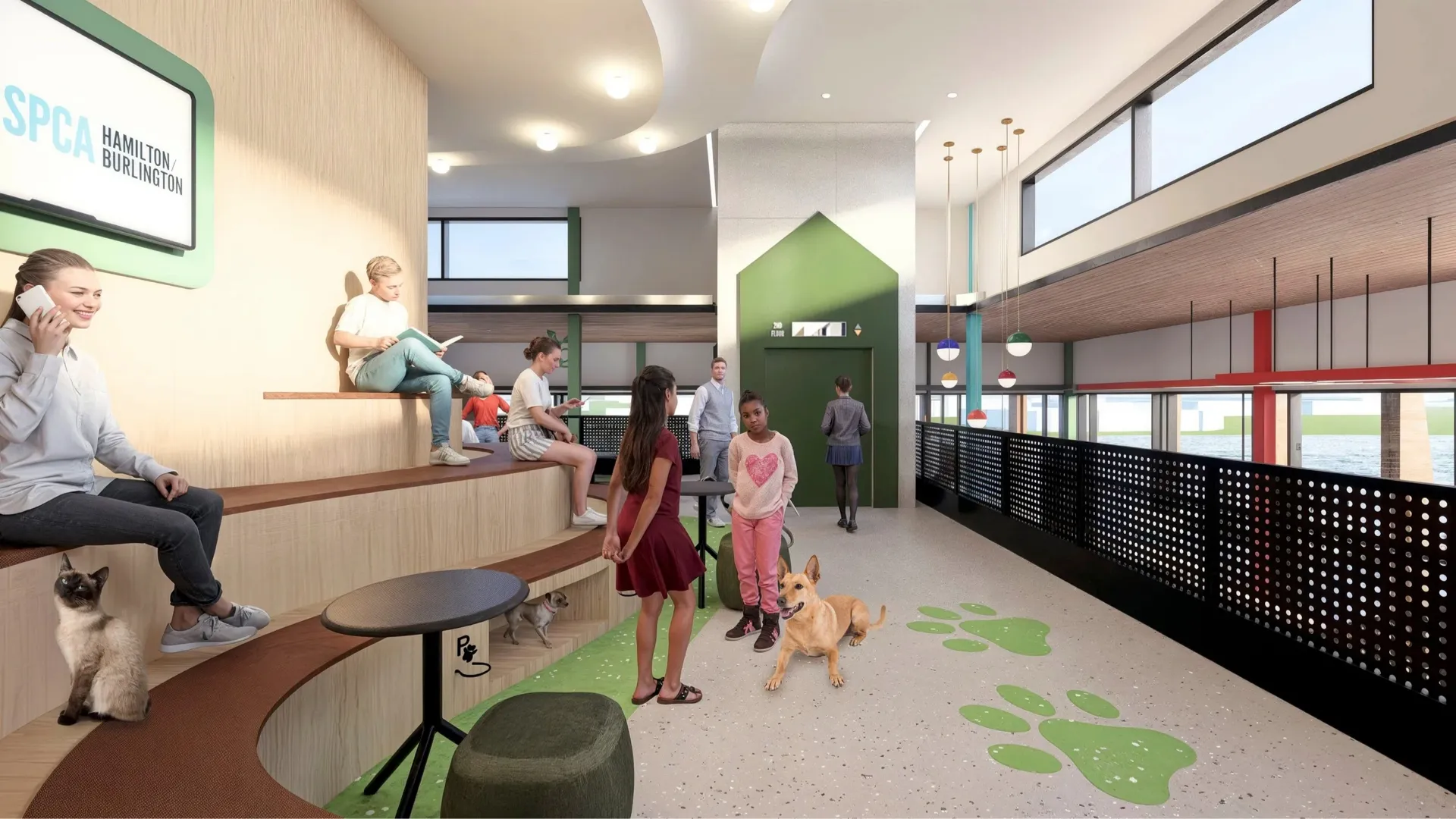 Indoor pet-friendly space with children, a dog, a cat, tiered wood seating, and large windows letting in natural light.