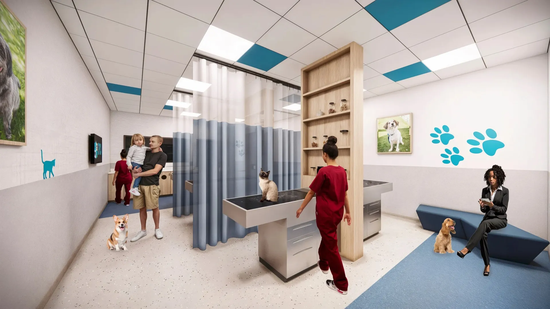 Veterinary clinic interior with a man holding a child, a corgi dog, a vet in red scrubs, a cat on an exam table, a woman sitting on a bench with a dog, and pet-themed wall art.