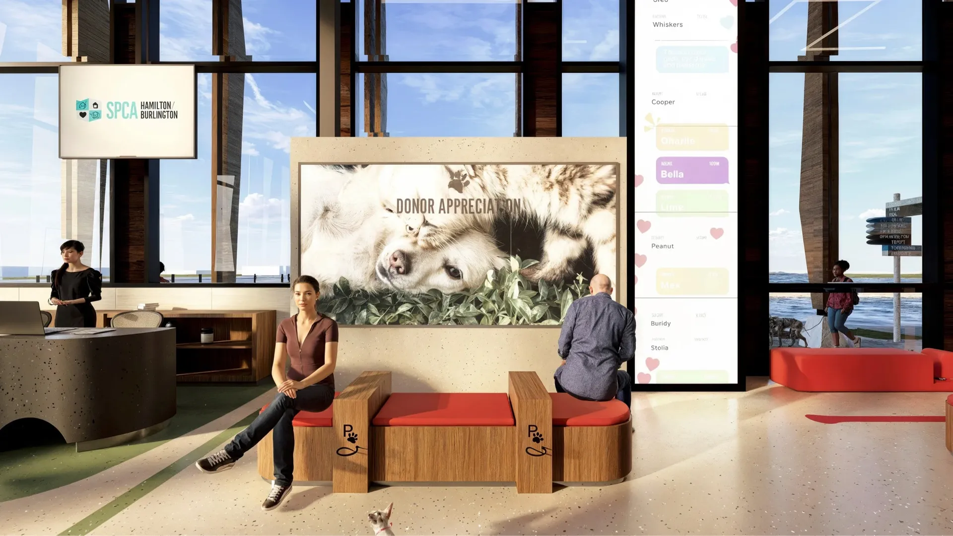 Modern animal shelter lobby with large windows, a woman and man seated on red cushioned benches, a receptionist, and a wall sign showing dogs with text 'Donor Appreciation.'