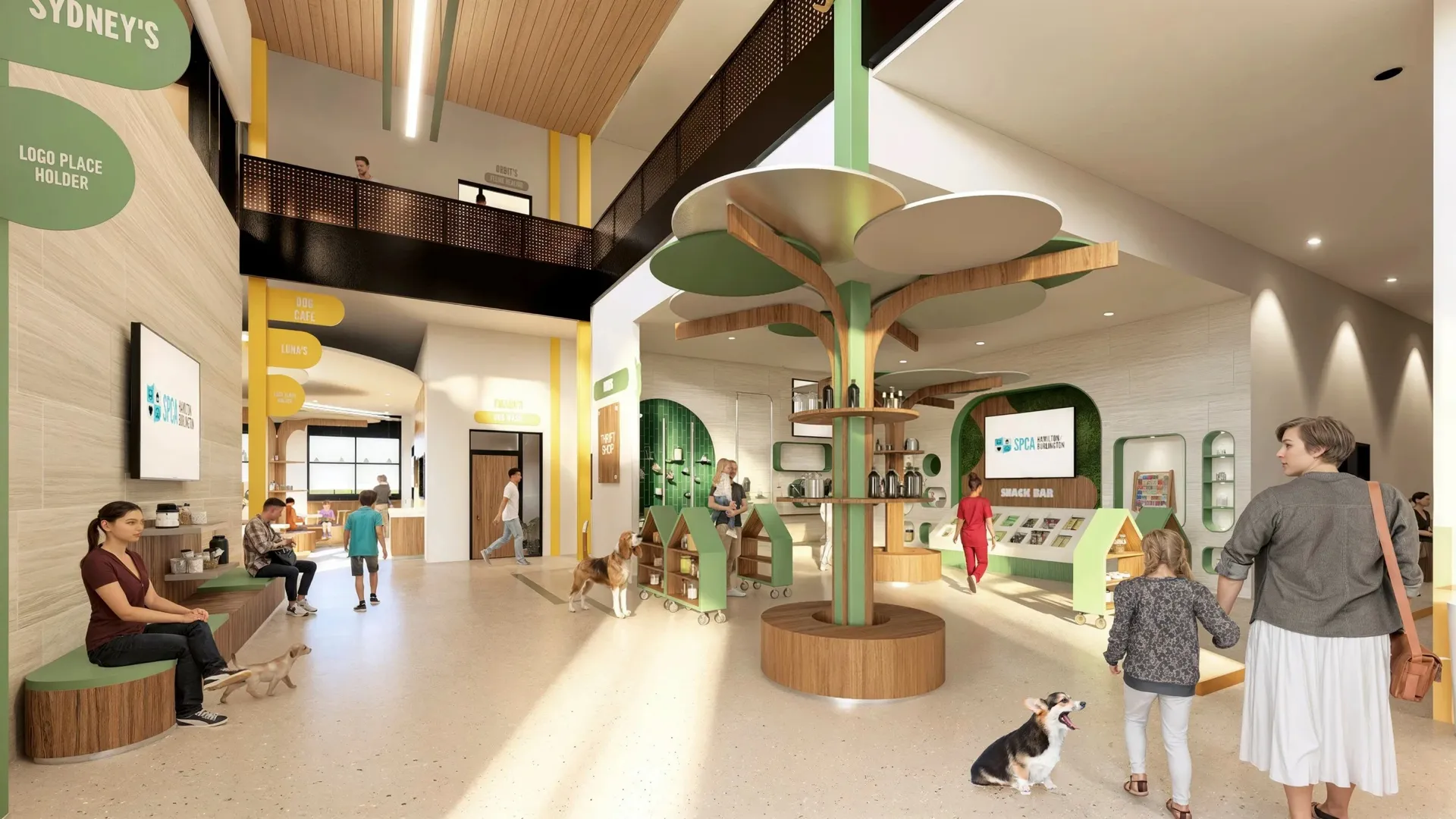 Modern animal shelter lobby with people and dogs, seating area, green and wood decor, and informational displays.