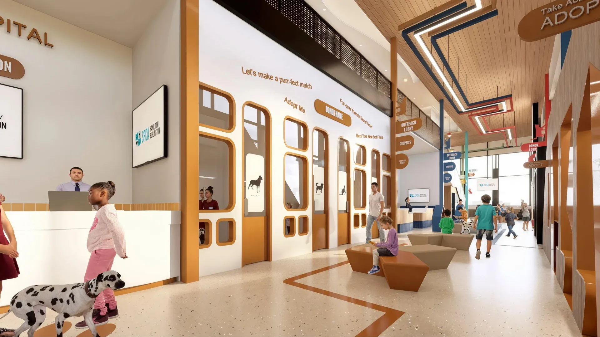 Modern animal shelter interior with children, adults, and a Dalmatian dog in a bright, spacious adoption area.