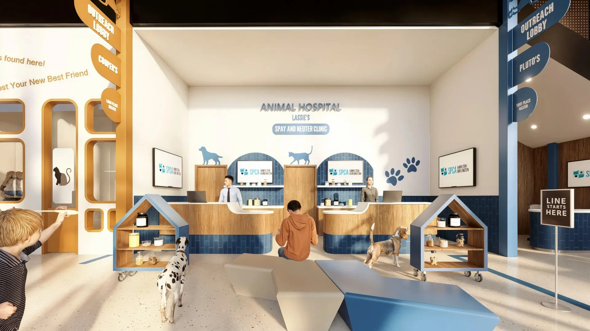 Modern animal hospital reception with two staff behind counters, a person seated, two dogs, and a child pointing on the left.