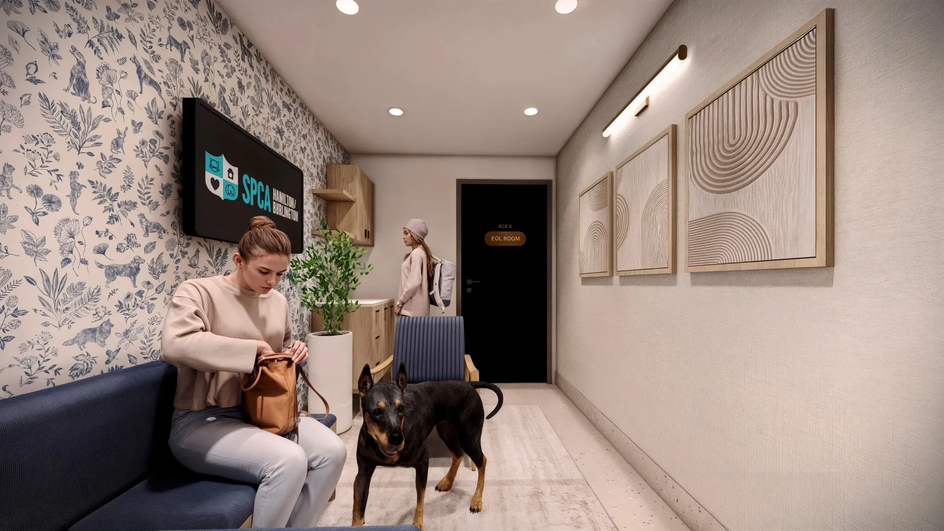 Waiting room with two women, one sitting with a dog and the other standing near a door labeled 'EOL Room', floral wallpaper, and modern decor.