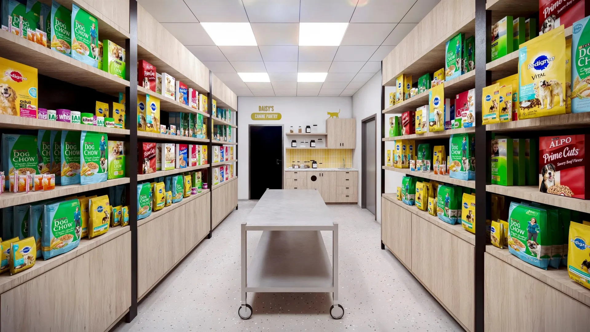 Interior view of a pet food pantry with shelves stocked with various dog food brands and a central table with shelves on wheels.