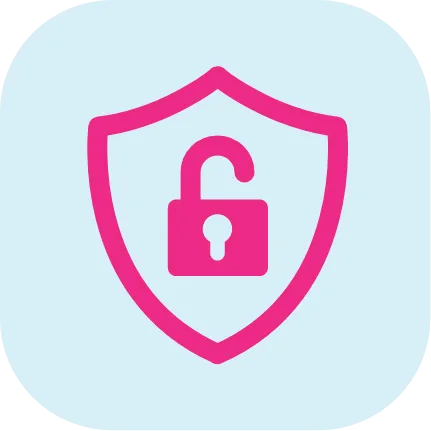 Pink shield outline with an unlocked padlock icon inside on a light blue background.