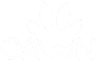 OAWN text with a stylized animal paw print above the letter W in white on a transparent background.