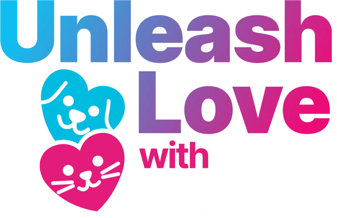 Logo with text 'Unleash Love with My SPCA' featuring a blue dog face and pink cat face inside heart shapes.