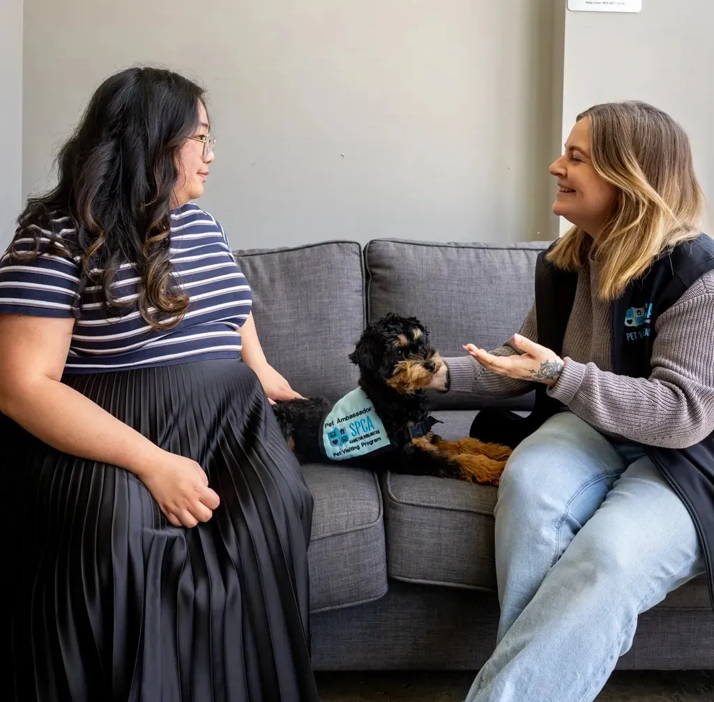 Two women sitting on a gray couch interacting with a black and brown dog wearing an SPCA vest.