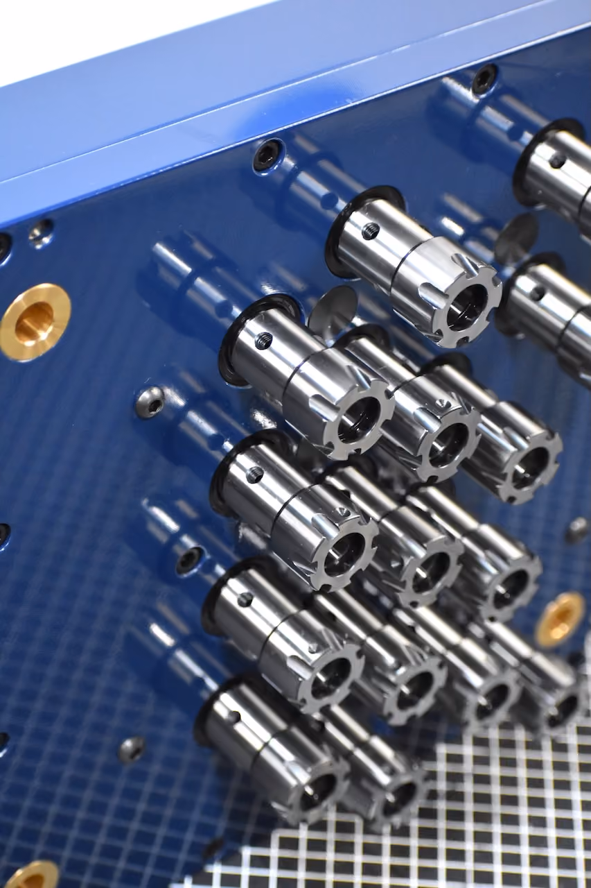 Close-up of a blue multi-spindle machine head with shiny metal collet clusters.