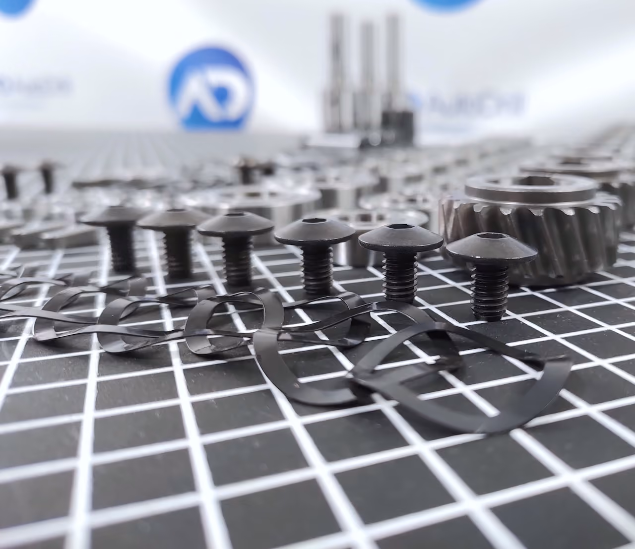 Close-up of arranged black screws with metal washers and a gear on a black and white grid surface.