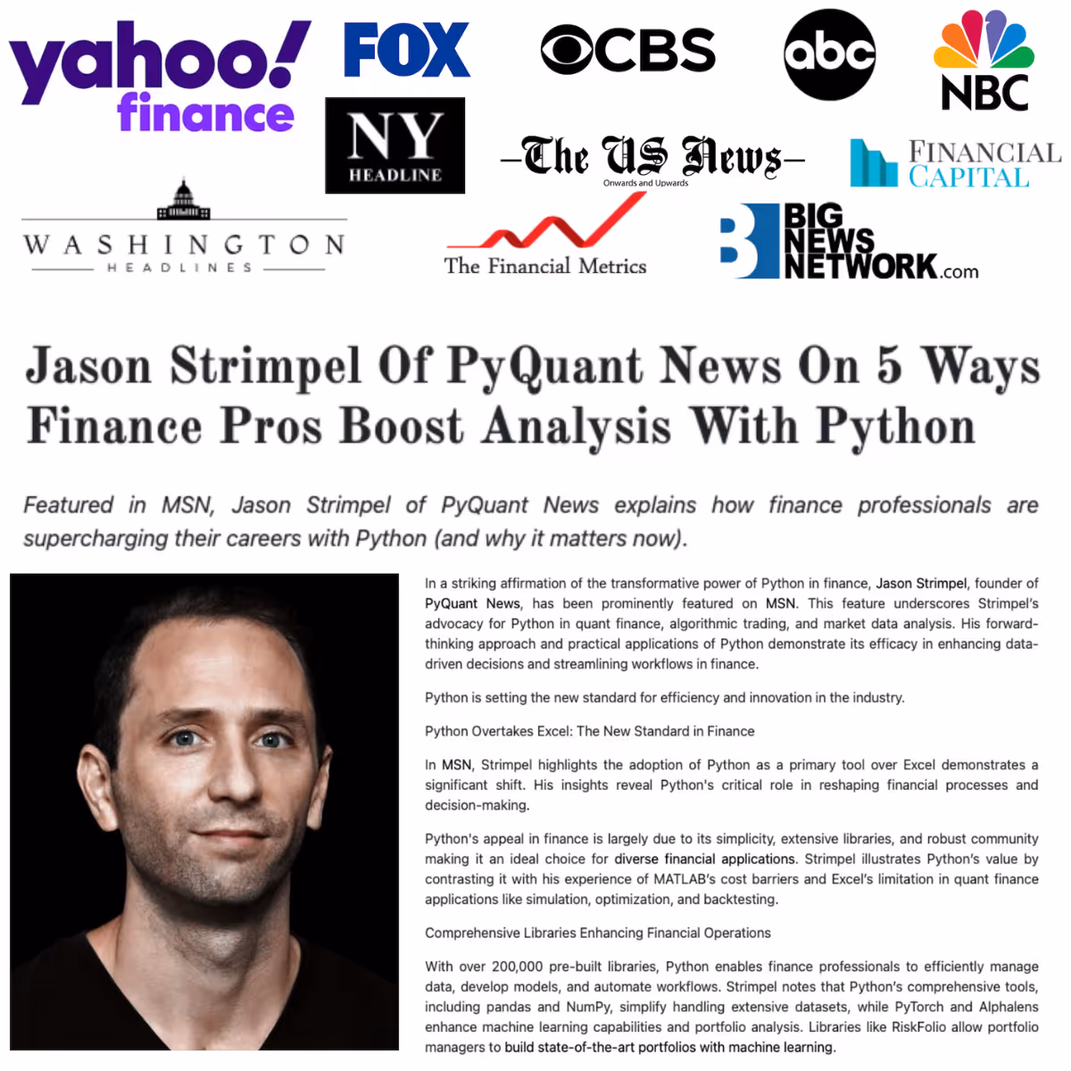 Collage featuring Jason Strimpel of PyQuant News with logos of major news outlets, discussing how Python boosts finance analysis, as featured on MSN.
