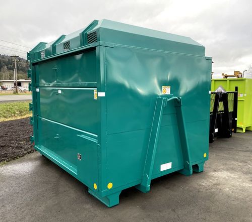 Western Cascade Container green chip box for hooklift shown with custom features