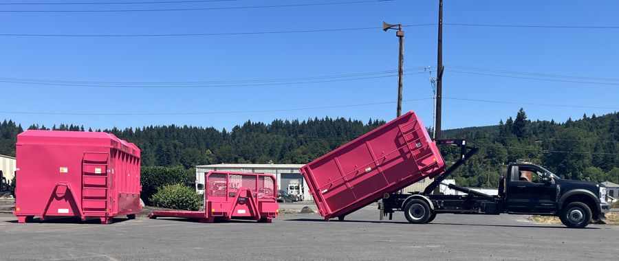 Western Cascade Container Stellar Hooklift Flex model with Chip Box, Flatbed and Semi-tub box all in pink