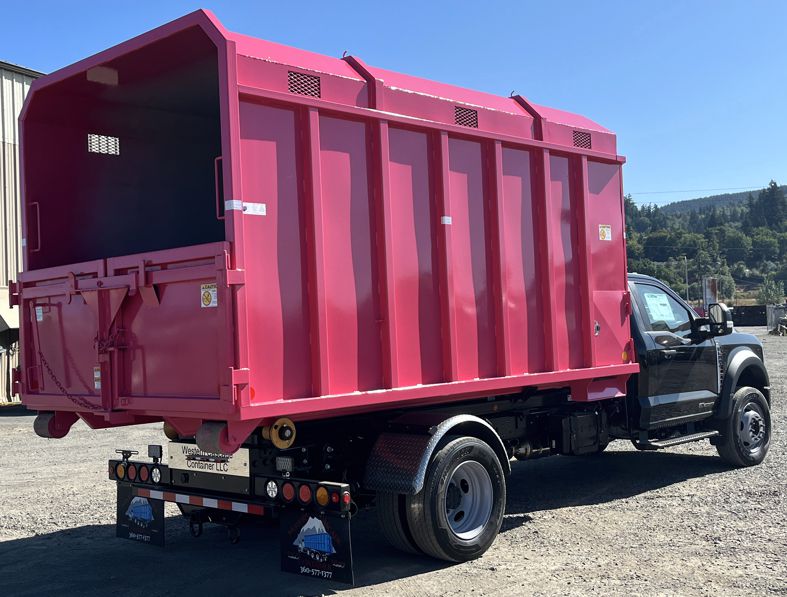 Western Cascade Container Chip Box in pink for Hooklift shown with optional features shown on Stellar Flex Hooklift