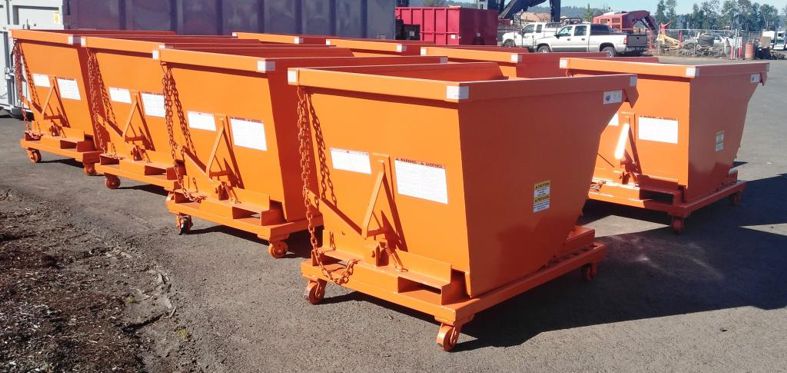 Western Cascade Container Self Dumping Hopper in orange 1-yard shown with optional casters