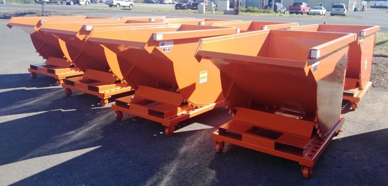 Western Cascade Container Self Dumping Hopper in orange 1-yard shown with optional casters