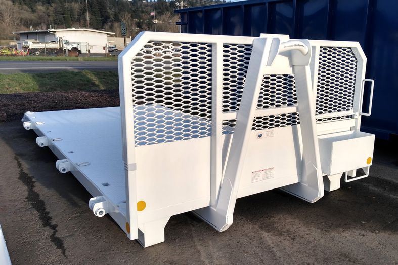 Western Cascade Container Flatbed for Hooklift shown with side winches and other optional features