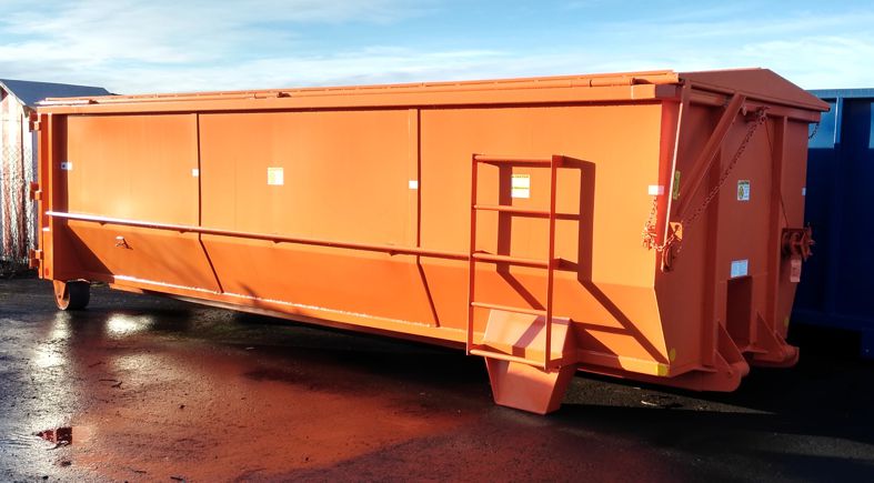 Western Cascade Container cable roll-off semi-tub style box with solid reversible hinge crank up lid in orange