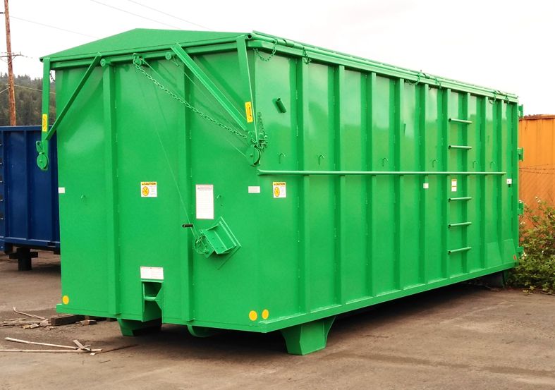 Western Cascade Container rectangle chain roll off box with solid reversible crank up lid in green
