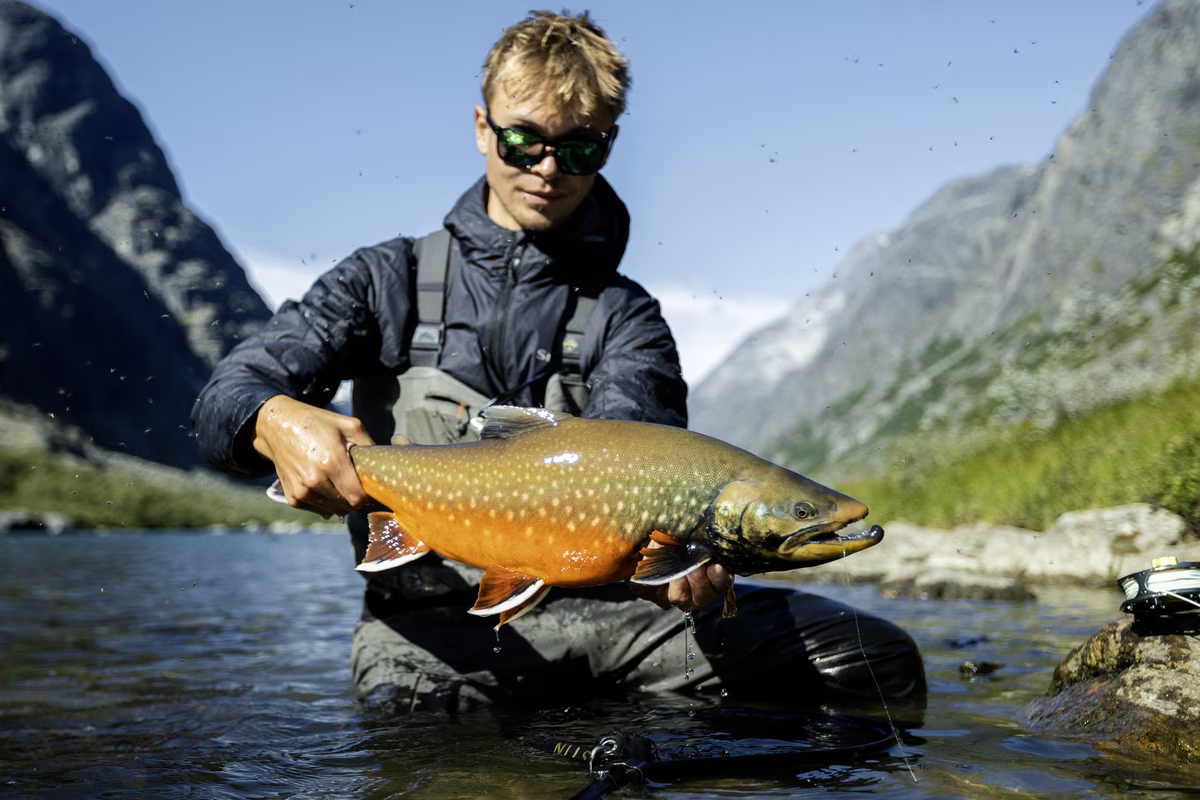 Man wearing sunglasses and waders holding a large orange and green fish in a river between mountains.