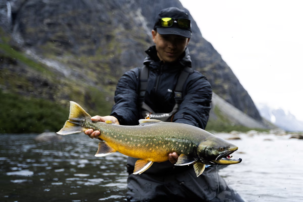Angler holding a large spotted fish with yellow belly in a mountain river.