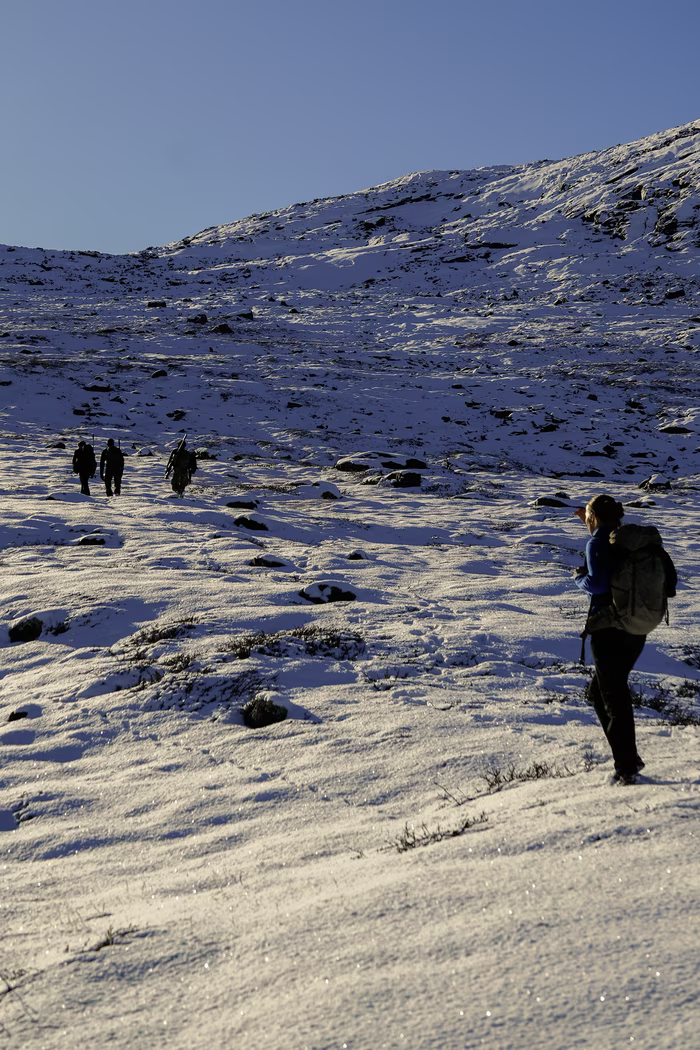 Four hikers walking on a snow-covered mountainous trail under a clear blue sky.