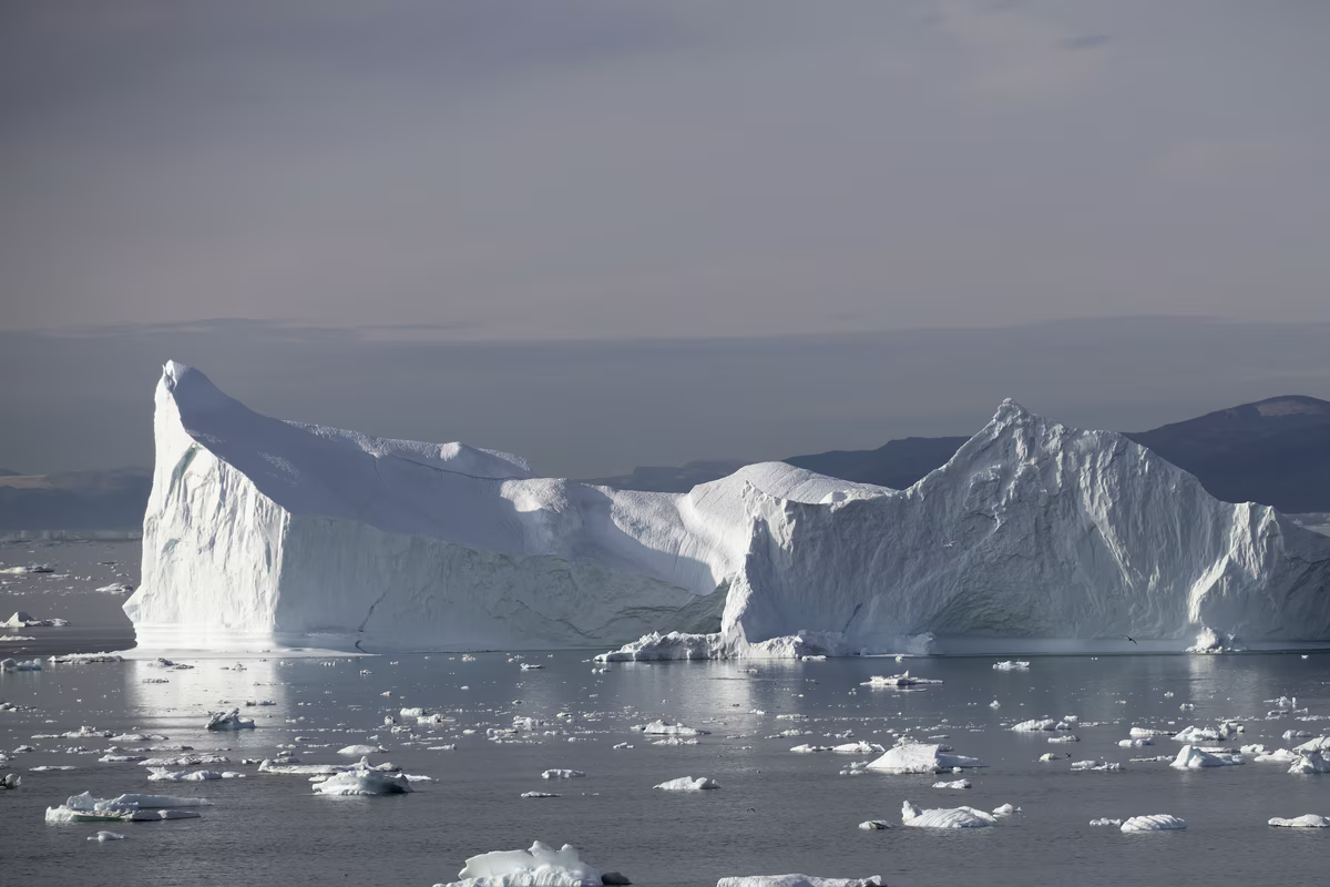 Large white iceberg floating in calm polar waters with scattered ice chunks and distant hills.