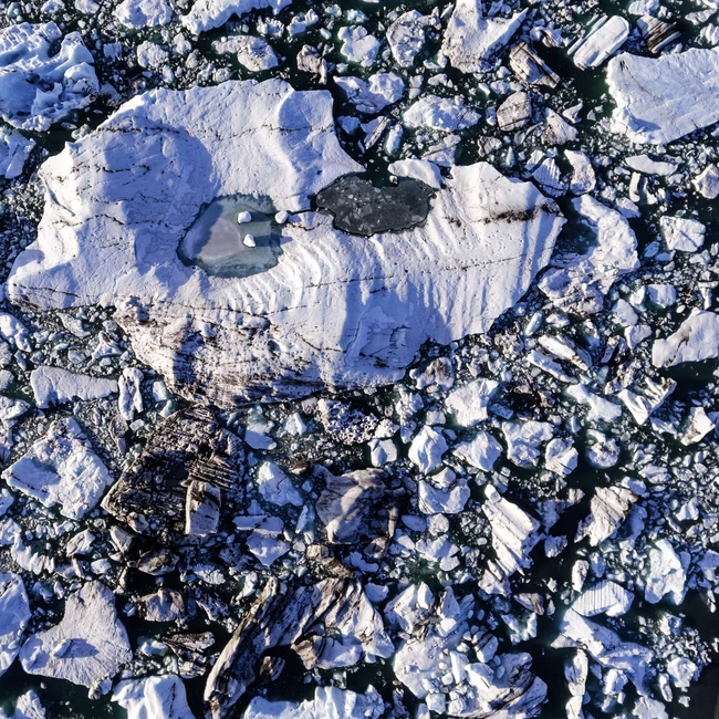 Aerial view of scattered icebergs and large ice floes floating on dark ocean water.