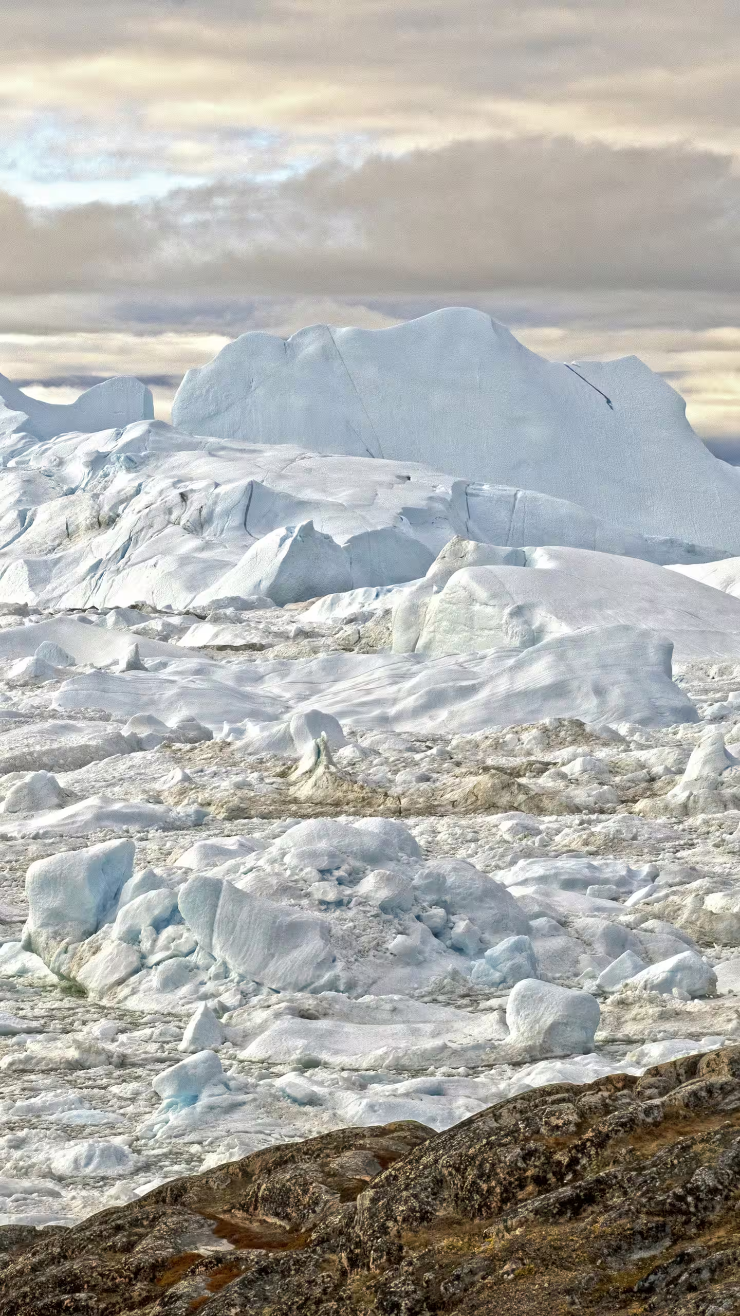 Massive icebergs and ice chunks floating in cold water near rocky terrain under a cloudy sky.