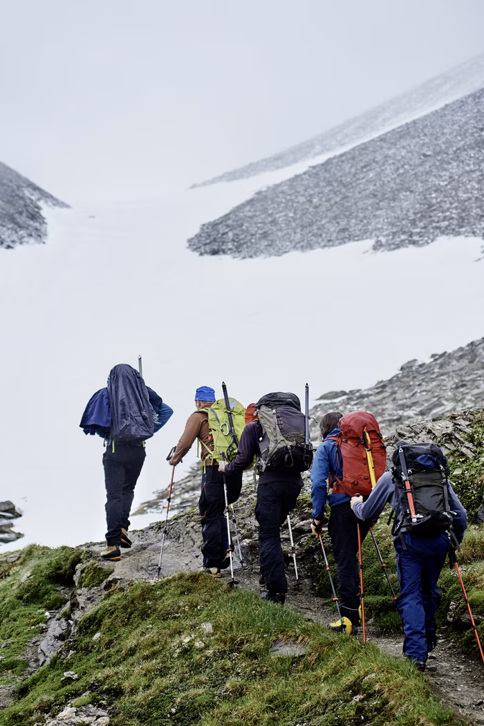 Group of hikers with backpacks and trekking poles walking on mountainous terrain near snow.