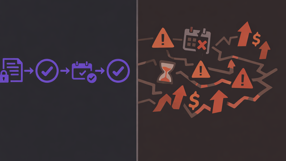 Split flat illustration contrasting a smooth proactive M365 renewal workflow on the left against a fragmented missed-deadline scenario with rising costs on the right, in CloudNuro brand colors