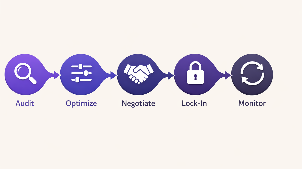 Flat illustration of a five-step Microsoft 365 renewal workflow from license audit to price lock-in, in CloudNuro brand colors