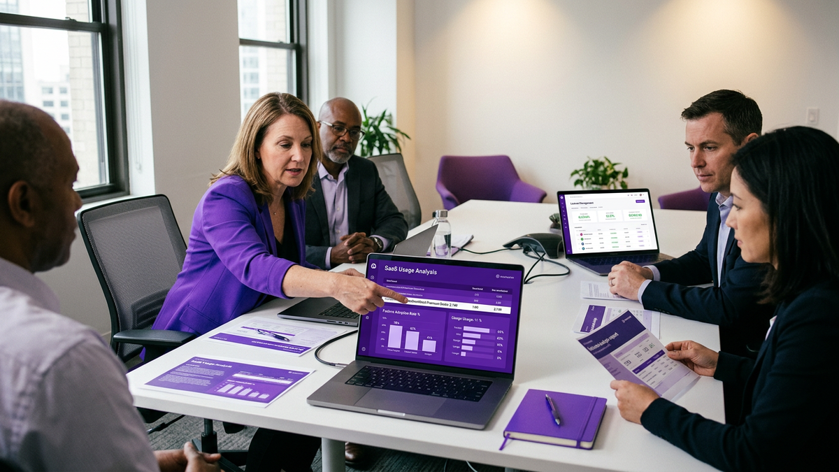 Cross-functional IT and procurement team reviewing SaaS usage analytics dashboards together in a conference room