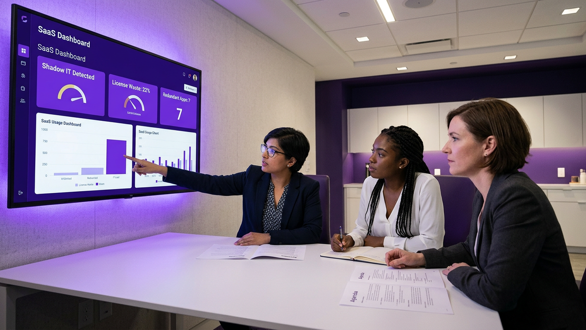 Cross-functional team of IT, finance, and department stakeholders collaborating around a large screen displaying a SaaS governance dashboard