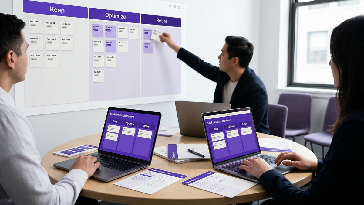 Small focused workshop group mapping SaaS apps into decision buckets on laptops and a shared digital whiteboard during an App Day facilitation session
